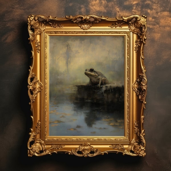 Frog | Dark Academia, Vintage Aesthetic, Antique Oil Painting, Goblincore Wall Art, Moody Wall Art, Fairycore Decor, Digital Download