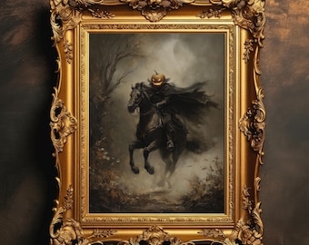 Headless Horseman Pumpkin Rider | Gothic Halloween Wall Art, Dark Academia Spooky Decor, Vintage Haunted Forest Digital Download PRINTABLE