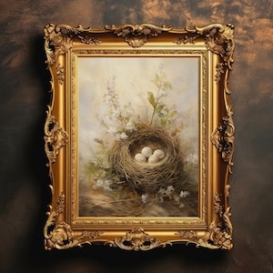 May include: A framed painting of a bird's nest with four white eggs inside. The nest is made of twigs and is surrounded by green leaves and white flowers. The painting is in a gold frame.