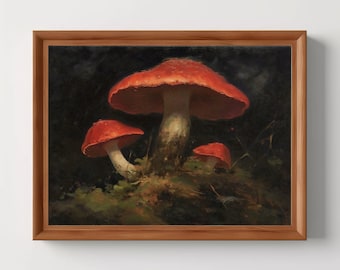 Rote Pilze | Darkcore Cottage Druck, Witchy Wandkunst, Goblincore Dekor, Dark Academia, Antike Ölgemälde, digitaler Download, druckbar