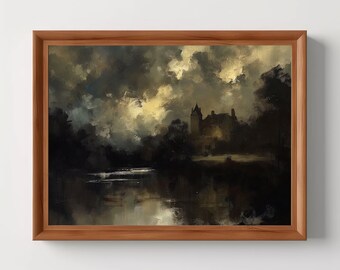 Rustic Manor | Moody Landscape, Vintage Farmhouse Print, Antique Country Oil Painting, Digital Download, Printbale