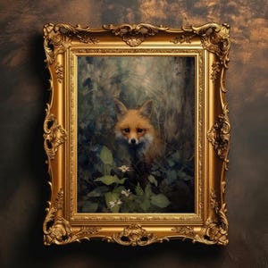 Curious Fox | Vintage Forest Landscape, Antique Oil Painting, Moody Wall Art, Dark Academia, Animal Print, Digital Download, PRINTABLE