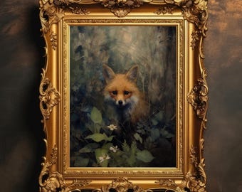 Curious Fox | Krajobraz leśny w stylu vintage, antyczny obraz olejny, nastrojowa sztuka ścienna, Dark Academia, nadruk zwierzęcy, pobieranie cyfrowe, do druku