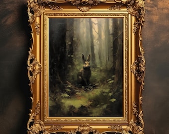 Wild Hare | Vintage Forest Landscape, Dark Academia, Moody Rabbit Painting, Nature Wildlife Print, Bunny Art, Digital Download, PRINTABLE