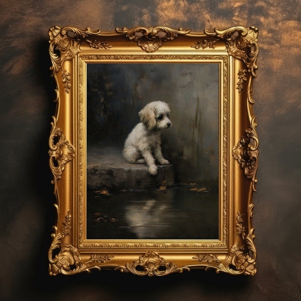 Vintage Puppy | Oil Painting, Antique Aesthetic, Dark Academia, Cabin Wall Art, Gothic Room Decor, Printable Digital Download