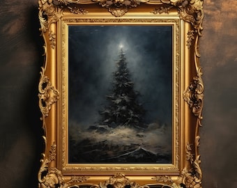 Christmas Tree Night | Dark Academia, X-mas Tree, Holiday Dark Art, Antique Oil Painting, Vintage Art, Dark Goth Wall Art, Digital Download