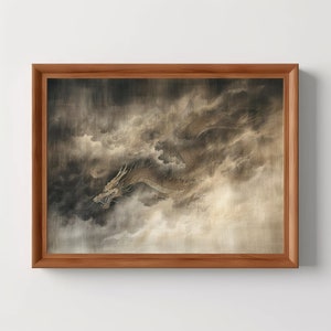 Chinese Hidden Dragon | Clouds Landscape, Vintage Asian Painting, Lunar New Year, Mythical Creature Art, Digital Download, Printable