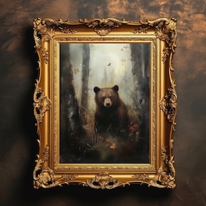 May include: A framed painting of a brown bear standing in a misty forest. The bear is looking directly at the viewer. The painting is in a gold frame with ornate details.
