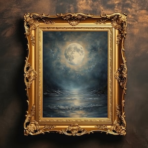 Lunar Waves | Moon Landscape, Dark Academia, Moody Wall Art, Gothic Room Decor, Antique Oil Painting, Vintage Aesthetic, Digital Download