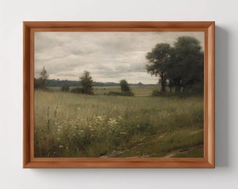 Rural Meadow | Vintage Wildflower Landscape, Cloudy Field Painting, Summer Cottage Farmhouse Kitchen Decor, Digital Download, PRINTABLE