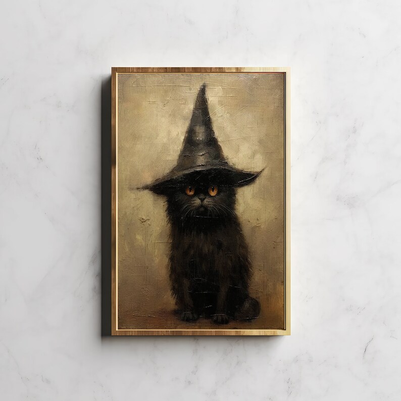 May include: A black cat wearing a pointed black witch's hat with a gold trim. The cat has bright orange eyes and is sitting on a brown background.