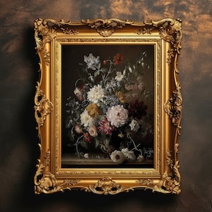 Vintage Floral Wall Art, Dark Academia Print, Antique Moody Oil Painting, Vintage Flower Art, Dark Botanical Print, Digital Download