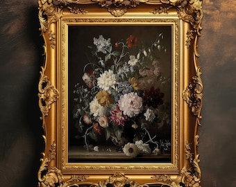 Vintage Floral Wall Art, Dark Academia Print, Antique Moody Oil Painting, Vintage Flower Art, Dark Botanical Print, Digital Download