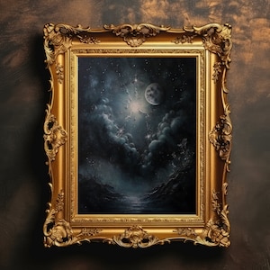 Himmlischer Mond und Himmel | Vintage himmlische Wandkunst, Stimmungsvolle Ölmalerei Druck, Dunkle Academia Dekor, Witchy Ästhetik, digitaler Download