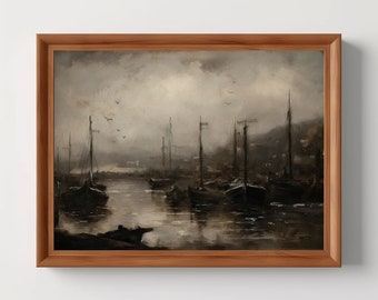 Boat Dock / Moody Harbor Painting, Dark Academia, Barche a vela nautiche scure, Moody Wall Art, Paesaggio marino, Download digitale, Stampabile