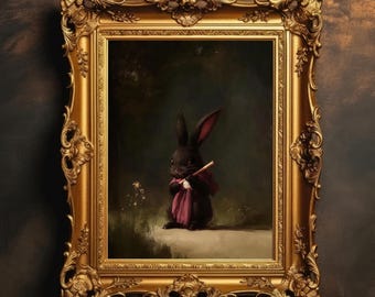 Cute Black Rabbit | Dark Academia Animal Art, Whimsical Vintage Painting, Cottagecore Bunny Print, Moody Wall Art, Digital Download