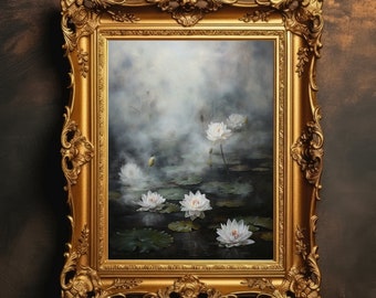 Water Lilies Foggy Night | Dark Academia, Antique Design, Vintage Art, Dark Wall Art, Home Room Decor, Goth Cottagecore, Digital Download