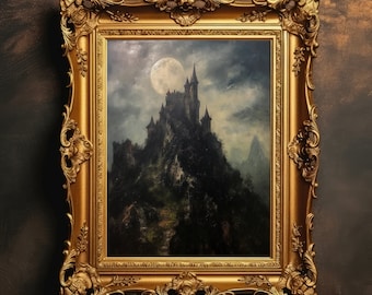 Dunkelschloß Auf Berg | Stimmungsvolles Ölgemälde, Vintage Ästhetik, Dark Academia, Horror Wandkunst, Stimmungsvoller Druck, digitaler Download, druckbar
