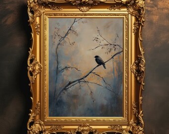 Perched Bird | Bird Wall Art, Dark Academia, Antique Aesthetic, Vintage Oil Painting, Moody Wall Art, Forest Cabin Decor, Digital Download