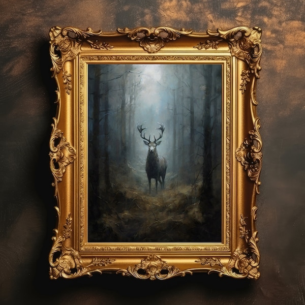 Deer In Woods | Dark Academia, Woodland Goth Decor, Dark Oil Painting, Vintage Painting Aesthetic, Gothic Wall Art Print, Digital Download