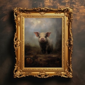 Vintage Pig | Moody Wall Art, Antique Oil Painting, Farmhouse Room Decor, Nursery Home Decor, Digital Download, Printable