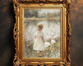 Girl With Geese Art Print | Easter Prints, Vintage Oil Painting, Cottagecore Decor, Farmhouse Wall Art, Digital Download, PRINTABLE