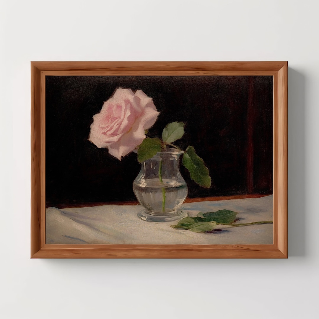 Pink Rose in Glass | Flower Still Life Oil Painting, Vintage Floral in ...