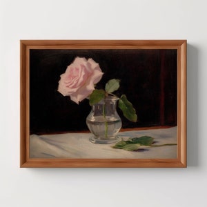Pink Rose In Glass | Flower Still Life Oil Painting, Vintage Floral In Vase, French Antique Art Print, Dark Academia, Digital Download