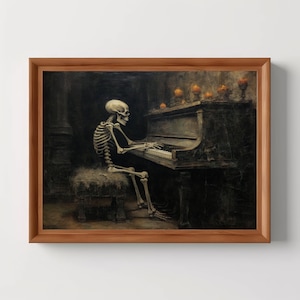 Skeleton Piano | Dark Academia Prints, Halloween Prints, Gothic Wall Art, Goth Decor, Dark Oil Painting, Spooky Horror Art, Digital Download