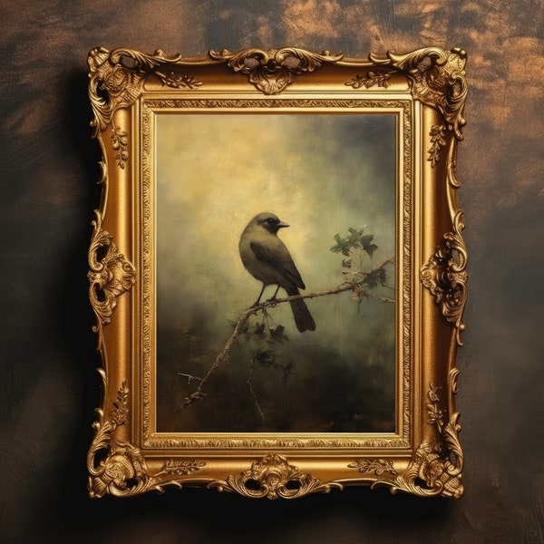 Small Bird Perched | Bird Wall Art, Dark Academia, Witchy Room Decor, Farmhouse Decor, Antique Oil Painting, Printable Digital Download
