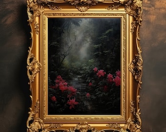 Dark Garden | Red Flowers, Dark Academia, Moody Wall Art, Dark Cottagecore, Vintage Floral Painting, Botanical Prints, Digital Download
