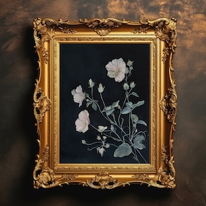 Pintura de paisaje floral con flores delicadas, impresión botánica oscura, Dark Academia, arte de pared melancólico, descarga digital, imprimible