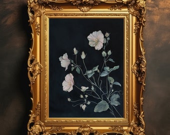 Fijne bloemen | Bloemenlandschapsschilderkunst, donkere botanische print, donkere academische wereld, humeurige muurkunst, digitale download, afdrukbaar