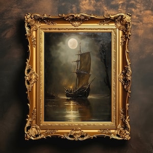Segelboot | Dark Academia, Nautische Wandkunst, Stimmungsvolle Meerlandschaft Gemälde, Küstenwanddekor, Strandhaus druckbare, digitaler Download