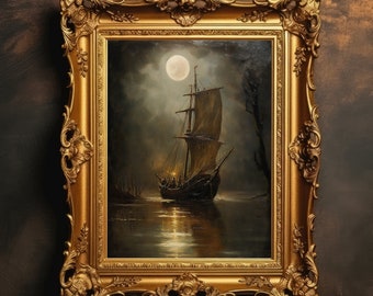 Velero / Dark Academia, arte de pared náutico, pintura de paisaje marino melancólico, decoración de pared costera, casa de playa imprimible, descarga digital