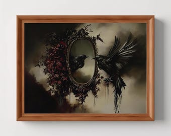 Dark Raven and Mirror | Gothic Fine Art Print, Macabre Decor, Dark Academia, Witchy Home Decor, Whimsigoth Art, Digital Download, PRINTABLE