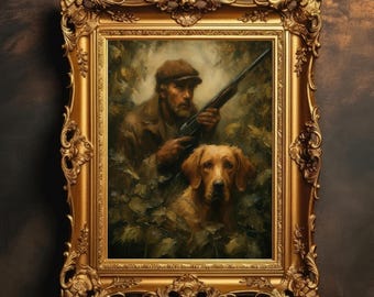Vintage Hunting Dog Painting | Rustic Country Printable Wall Art, Antique Autumn Decor, Dark Academia Hunting Scene Digital Download