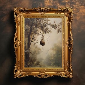 May include: A framed painting depicting a beehive hanging from a tree branch in a misty woodland setting. The beehive is crafted from natural materials and has a rustic charm. The painting is presented in a gold frame with intricate detailing.