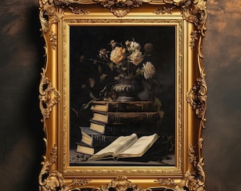 Timeless Still Life | Dark Academia, Books and Flowers, Gothic Wall Art, Dark Library Decor, Vintage Classic, Digital Download, PRINTABLE
