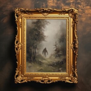 Pie Grande en el Bosque Brumoso / Dark Academia Cryptid IMPRIMIBLE, Pintura al óleo de paisaje gótico, Arte mural de bosque melancólico, Descarga digital