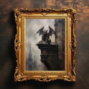 Paisaje urbano de gárgolas / Paisaje de la catedral de la iglesia, Academia oscura, Arte mural melancólico, Estética vintage, Pintura al óleo antigua, Descarga digital