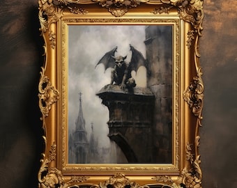 Gargoyle Cityscape | Church Cathedral Landscape, Dark Academia, Moody Wall Art, Vintage Aesthetic, Antique Oil Painting, Digital Download