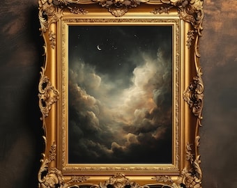 Crescent Moon Night Sky | Dark Academia Celestial PRINTABLE, Moody Cloud Oil Painting Style, Gothic Starry Wall Art Digital Download