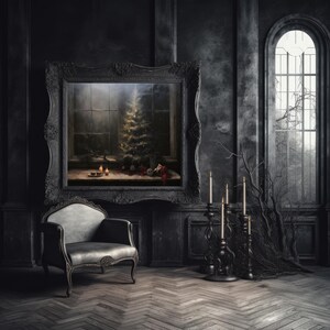 May include: A dark, antique-style room with a black framed picture of a Christmas tree in a window. A black armchair sits in front of the picture, and a black candelabra with white candles stands to the right.