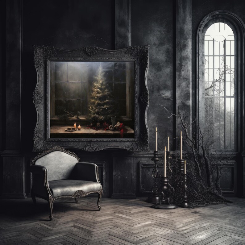 May include: A dark, antique-style room with a black framed picture of a Christmas tree in a window. A black armchair sits in front of the picture, and a black candelabra with white candles stands to the right.