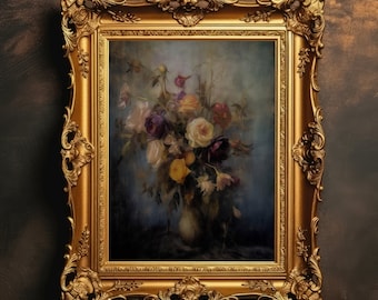Moody Flowers | Dark Academia, Vintage Still Life Decor, Antique Wall Art, Cottagecore Painting, Floral Print, Gothic Decor Digital Download
