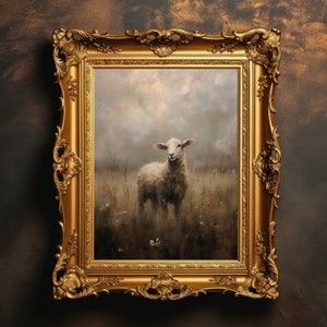 Lamb Field Landscape | Sheep Painting, Farm Animal Print, Vintage Wall Decor, Antique Oil Painting, Moody Decor, Digital Download, Printable