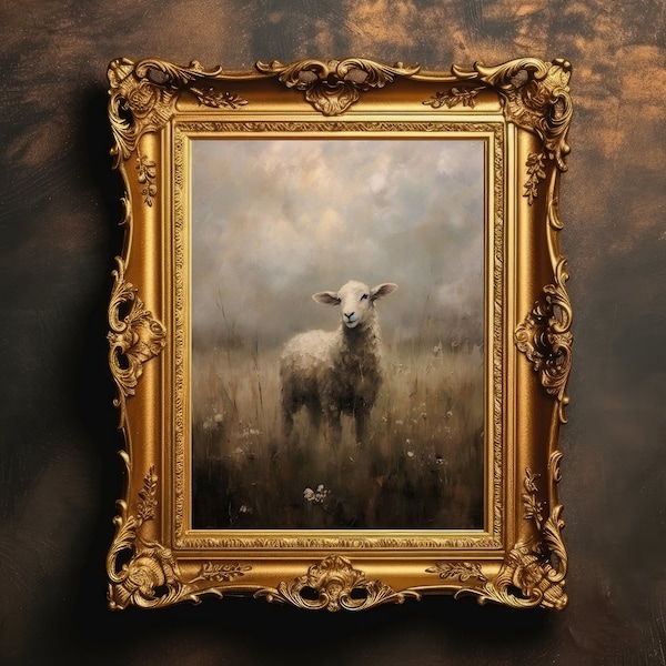 Lamb Field Landscape | Sheep Painting, Farm Animal Print, Vintage Wall Decor, Antique Oil Painting, Moody Decor, Digital Download, Printable