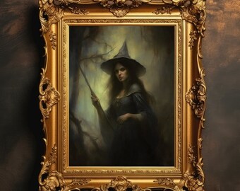 Witch | Dark Academia, Halloween Artwork, Witchy Art Print, Goth Home Decor, Oil Painting, Spooky Wall Art, Whimsigoth, Digital Download