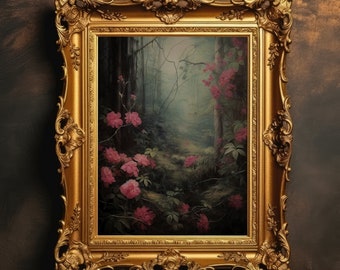 Red Flowers Garden | Dark Academia, Forest Landscape, Dark Cottagecore, Botanical Prints, Witch Room Decor, Digital Download, Printable